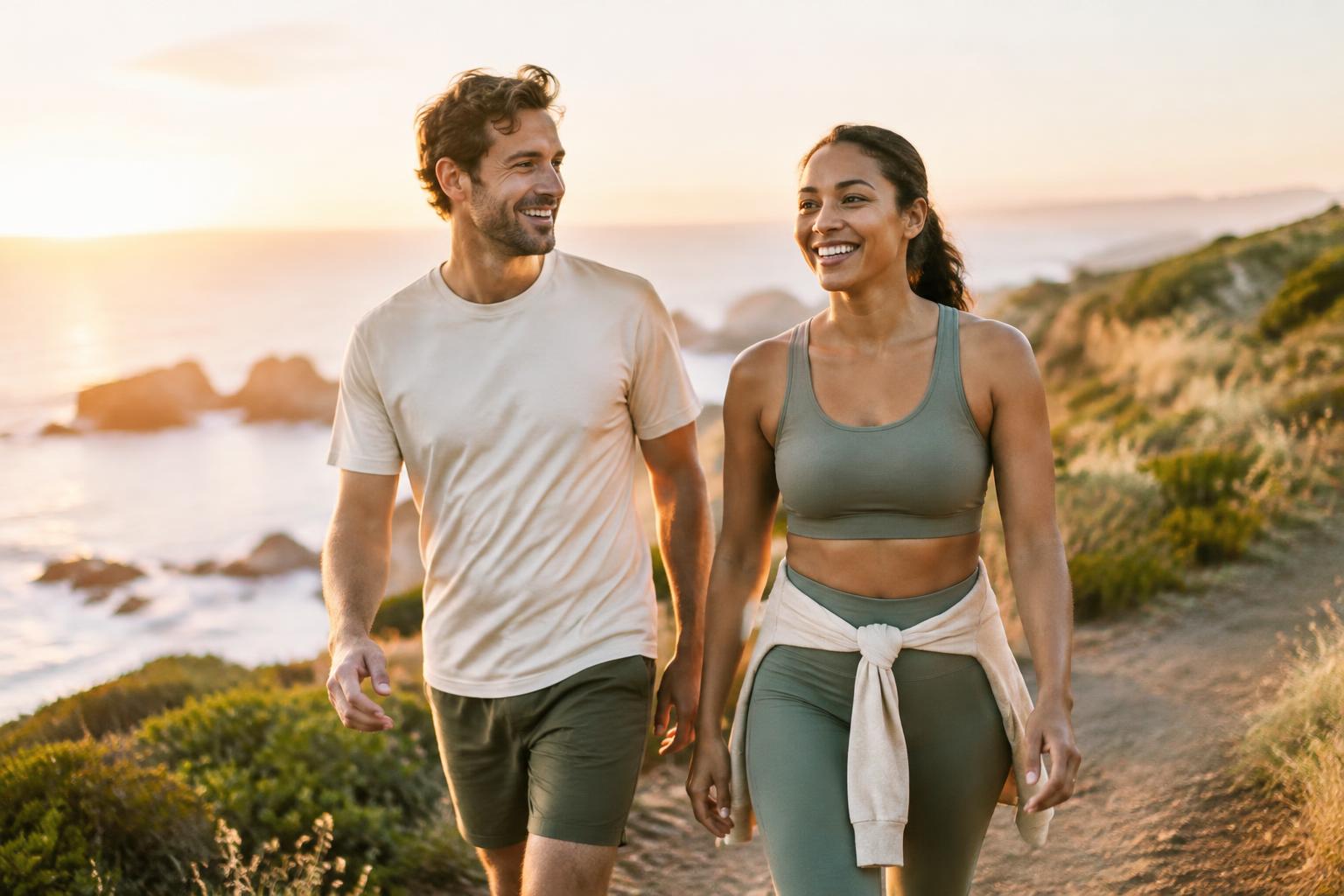 Two friends walking a coastal trail