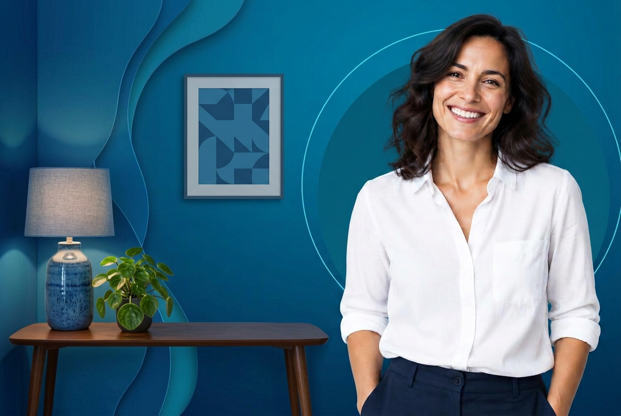 Smiling woman in a white shirt beside a lamp and plant against blue artwork